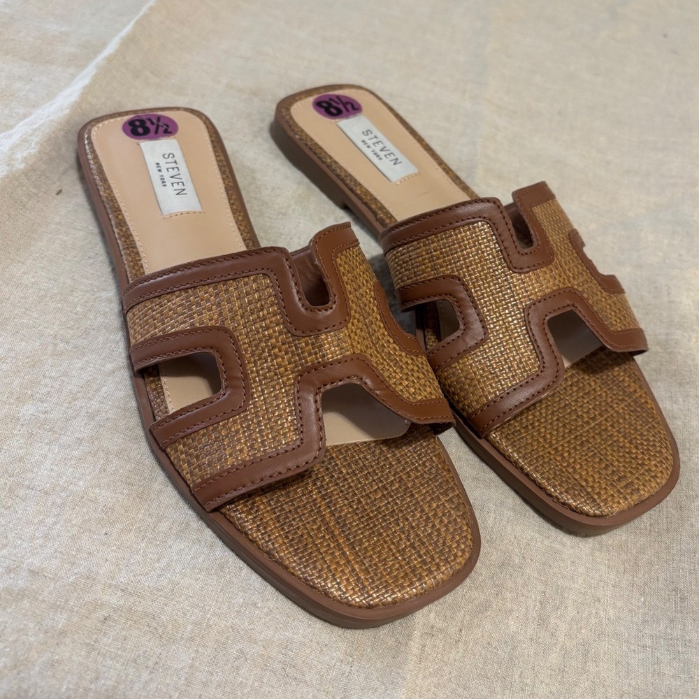 Steven Harlien Slide Sandals Brown Raffia 8.5 Slip On Flats Coastal Quiet Luxury
